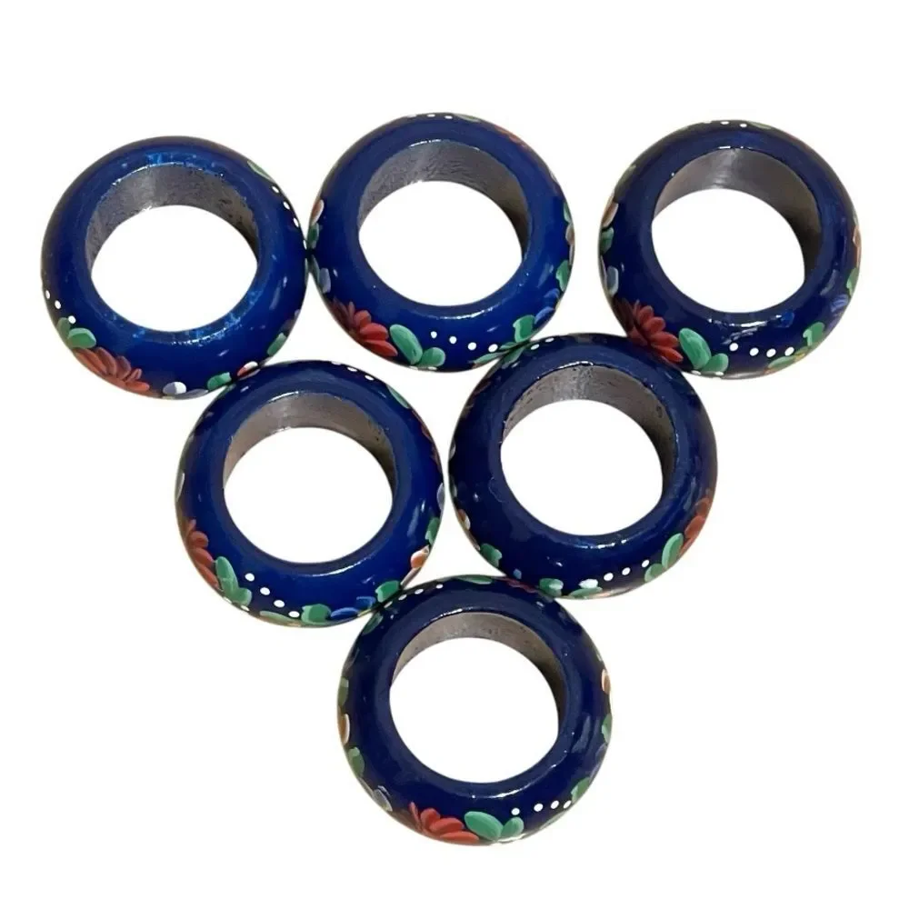 Hand-Painted Blue Floral Wood Napkin Rings Colorful Cottage Artsy Ornate 6 Set